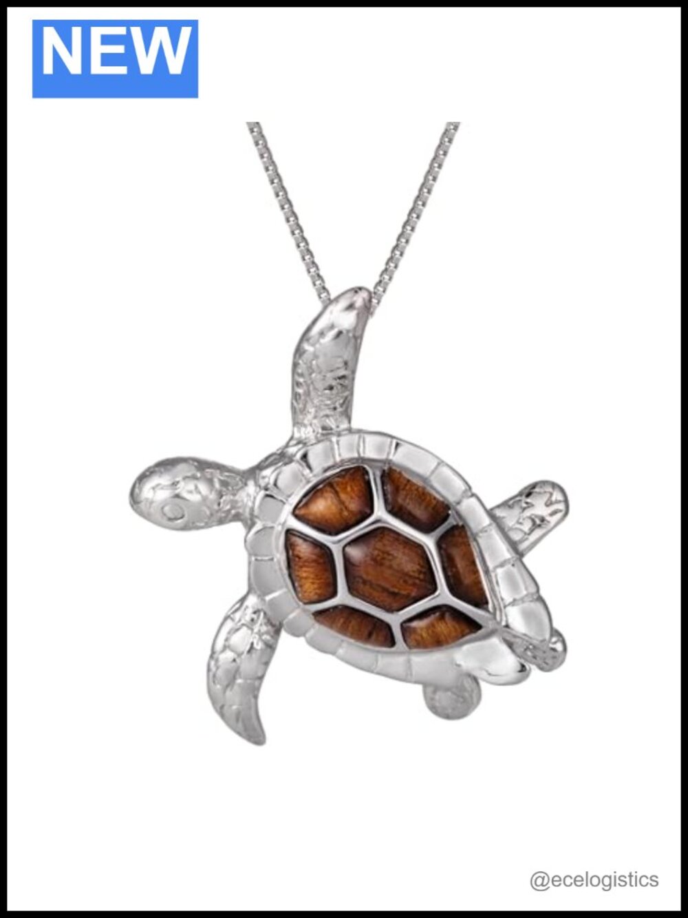 925 Sterling Silver Koa Wood 3D Turtle Necklace 18" Box Chain Hypoallergenic